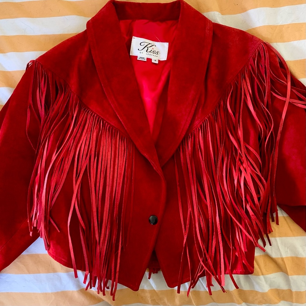 Vintage Cherry Red Suede Fringe Cropped Jacket - Small